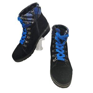 Blondo Black Suede Ski Style Ankle Boots Sz 8M Blue Laces Blue Plaid Waterproof